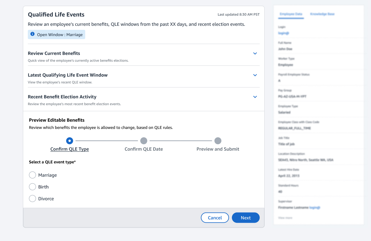 Step one of the resolve flow: confirm the qualifying event type, offered as three radio options for marriage, birth and divorce